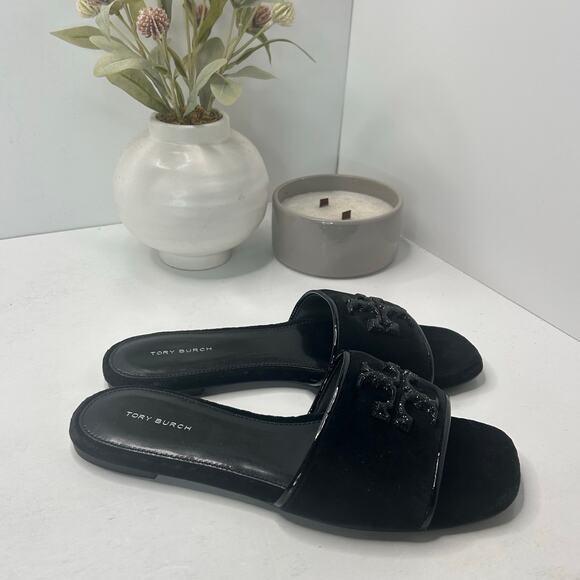 Tory Burch Eleanor Pave Slides Slip On Velvet Sandal Black Women's US 8 M NWOB - Picture 2 of 9